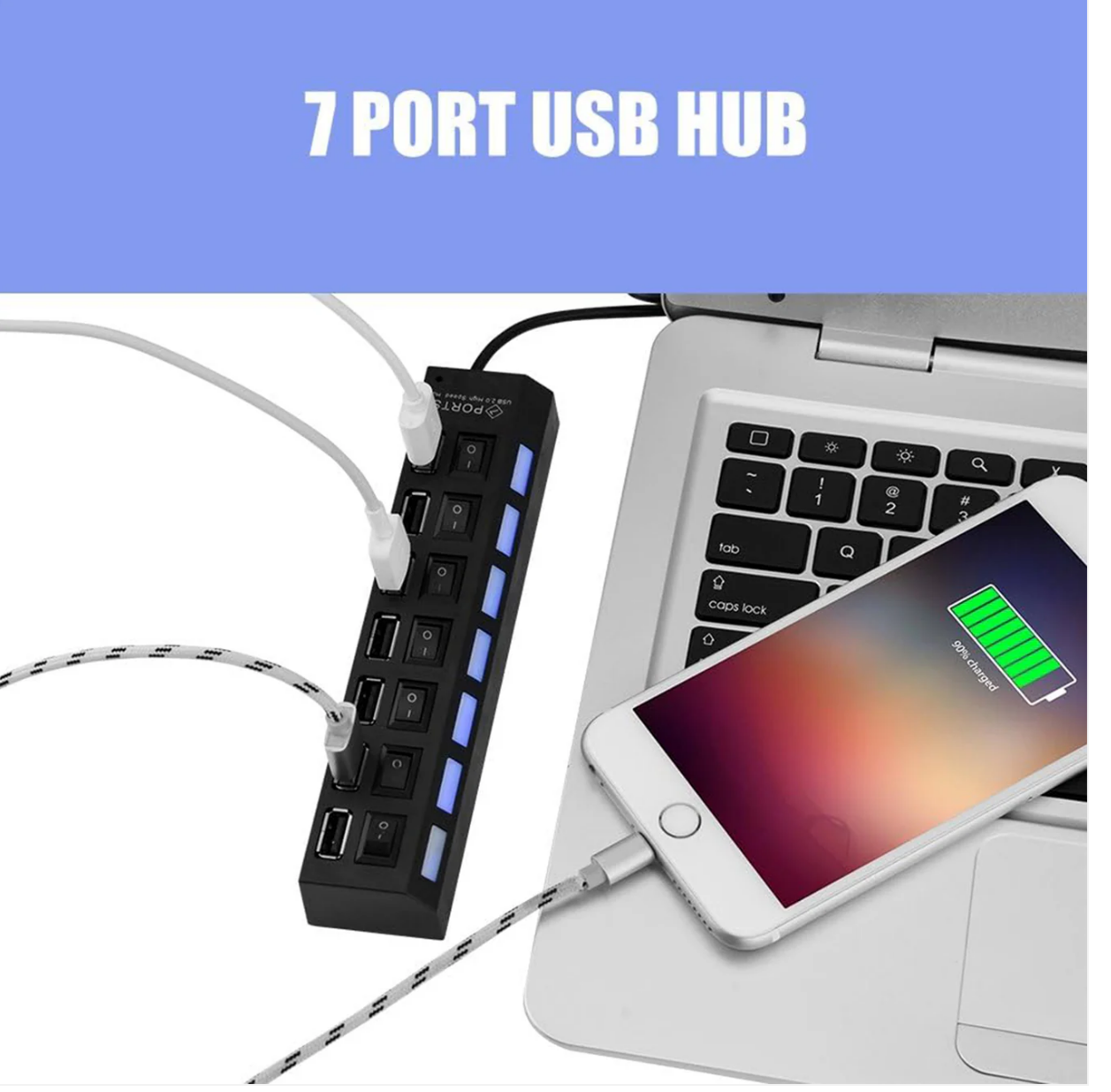 USB Splitter Multi Port USB 2.0 Hub, 7 Port